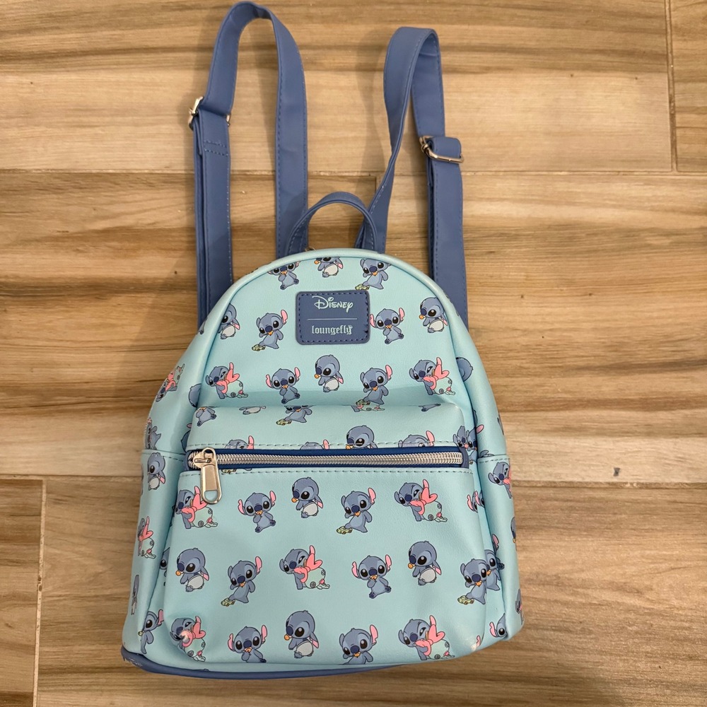 Disney Loungefly Stitch All Over Print Mini‎ Backpack Light Blue Faux Leather